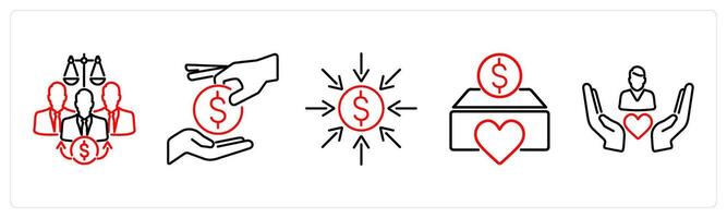 5 Charity and donation icons as fair distribution, donate, fundraising in red bold vector