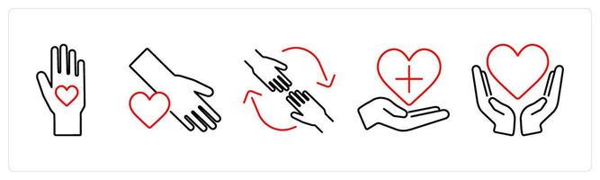 5 Charity and donation icons as voluntary, helping hand, help in red bold vector