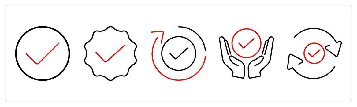 5 Checkmark icons as check, verified, approve in red bold vector