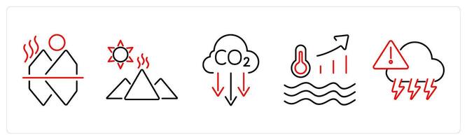 5 climate change icons as melting ice, glacier, co2 reduction in red bold vector