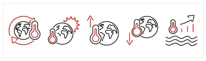 5 climate change icons as climate change, global warming, temperature increase in red bold vector