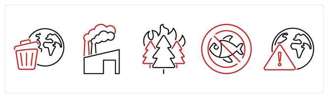 5 climate change icons as earth pollution, wildfire, extinction of species in red bold vector