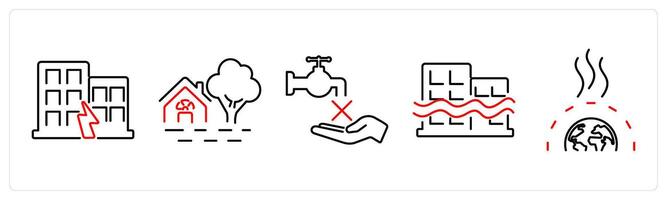 5 climate change icons as earthquake, flooding, no water in red bold vector
