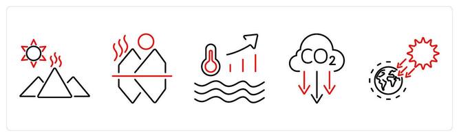 5 climate change icons as glacier, melting ice, ocean warming in red bold vector