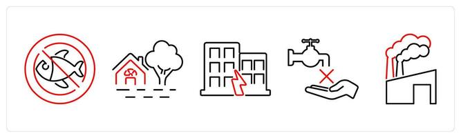 5 climate change icons as extinction of species, flooding, earthquake in red bold vector