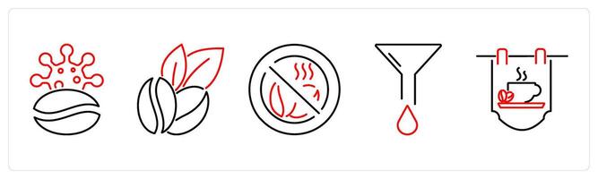 5 Coffee icons as caffiene, coffee beans, no caffiene in red bold vector