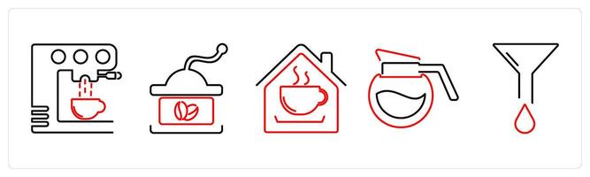 5 Coffee icons as coffee machine, coffee shop, coffee pot in red bold vector