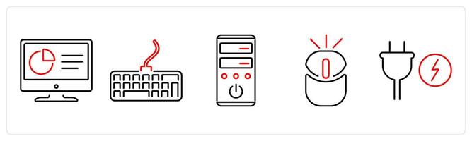 5 Computer Parts icons as monitor, keyboard, system unit in red bold vector