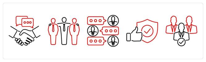 5 Community icons as relationships, friendship, group chat in red bold vector