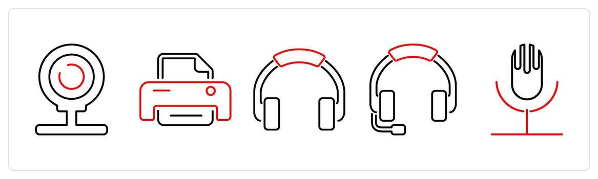 5 5 computadora partes íconos como web leva, impresora, auricular en rojo negrita vector