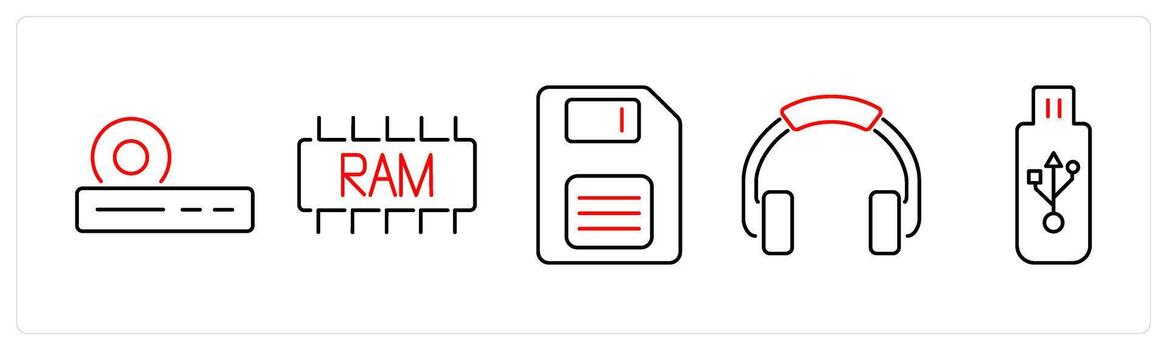5 Computer Parts icons as cd player, ram, floppy in red bold vector