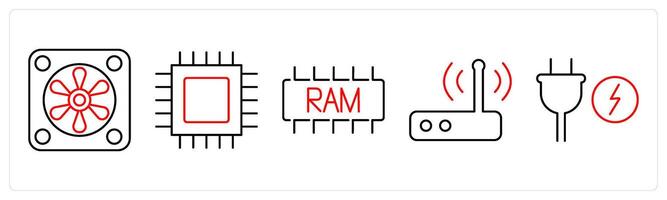 5 Computer Parts icons as system fan, cpu processor, ram in red bold vector