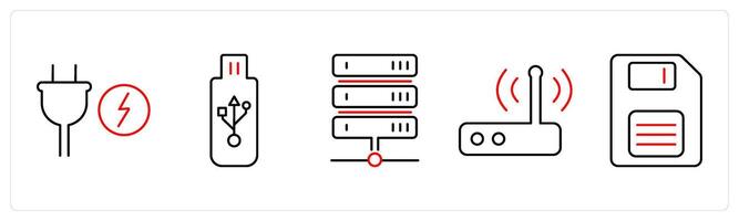 5 Computer Parts icons as power supply, usb, server in red bold vector