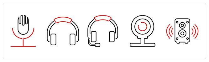 5 Computer Parts icons as microphone, heaphones, headset in red bold vector