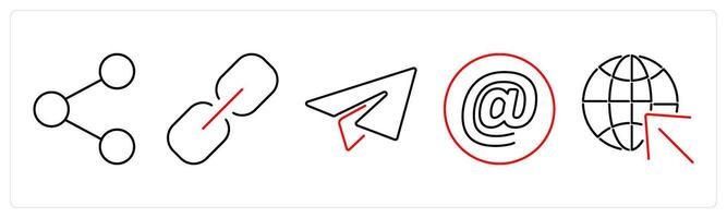 5 Contact icons as share, link, query, at the rate in red bold vector