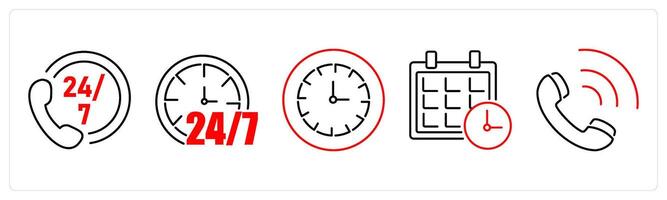 5 Contact icons as call center, 24 hour, clock in red bold vector