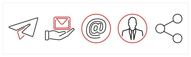 5 Contact icons as paper plane, email, at the rate in red bold vector