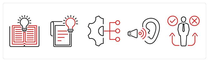 5 Critical Thinking icons as knowledge, concept, work responsibilities in red bold vector
