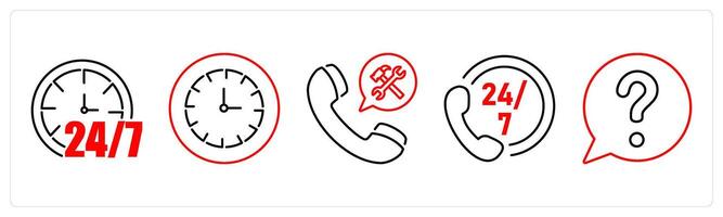 5 Contact icons as 24 hour, clock, assistance in red bold vector
