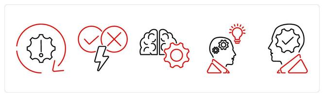 5 Critical Thinking icons as problem, argument, logic in red bold vector
