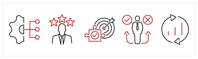5 Critical Thinking icons as work responsibilities, experience, solution in red bold vector