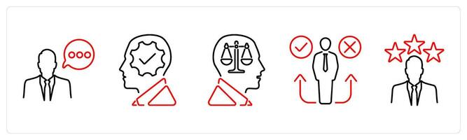 5 Critical Thinking icons as thinking, interpretation, rationality in red bold vector