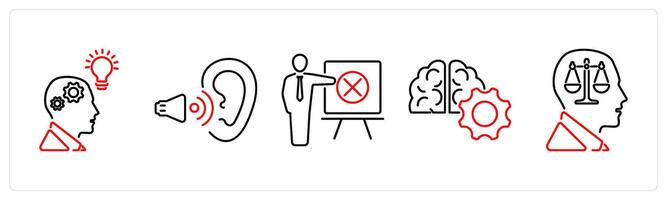 5 Critical Thinking icons as critical thinking, active listening, identifying errors in red bold vector