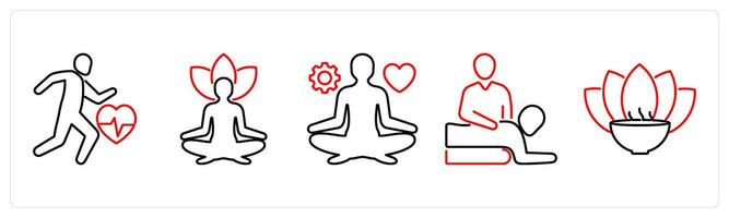 5 mix icons as exercise, yoga, stress management in red bold vector