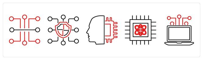 5 mix icons as circuit, blockchain, artificial intelligence in red bold vector