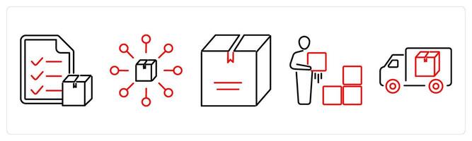 5 mix icons as parcel list, parcel connection, parcel in red bold vector