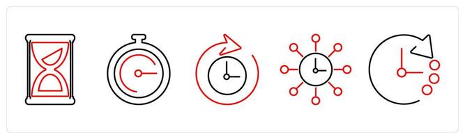 5 mix icons as hourglass, stopwatch, time in red bold vector