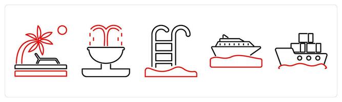 5 mix icons as beach, fountain, swimming pool in red bold vector