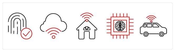 5 mix icons as biometric, internet of things, smart house in red bold vector
