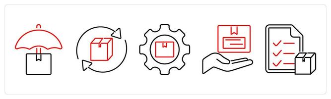 5 mix icons as parcel insurance, refresh parcel, parcel setting in red bold vector
