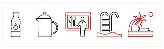 5 mix icons as water bottle, jug, menu in red bold vector