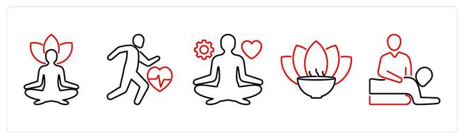 5 Mix icons as yoga, exercise, stress management in red bold vector