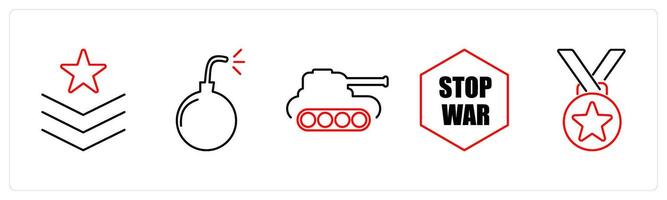 5 Mix icons as army badge, bomb, tank in red bold vector