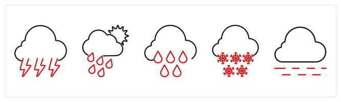 5 Mix icons as thunderstorm, rainy day, rain in red bold vector