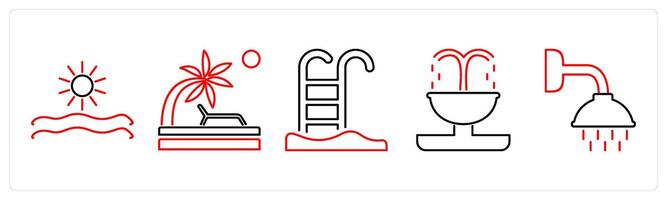 5 Mix icons as morning view, beach, swimming pool in red bold vector