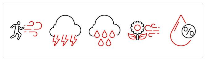 5 Mix icons as wind, thunderstorm, rain in red bold vector