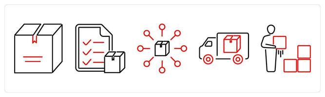 5 Mix icons as parcel, parcel list, parcel connection in red bold vector
