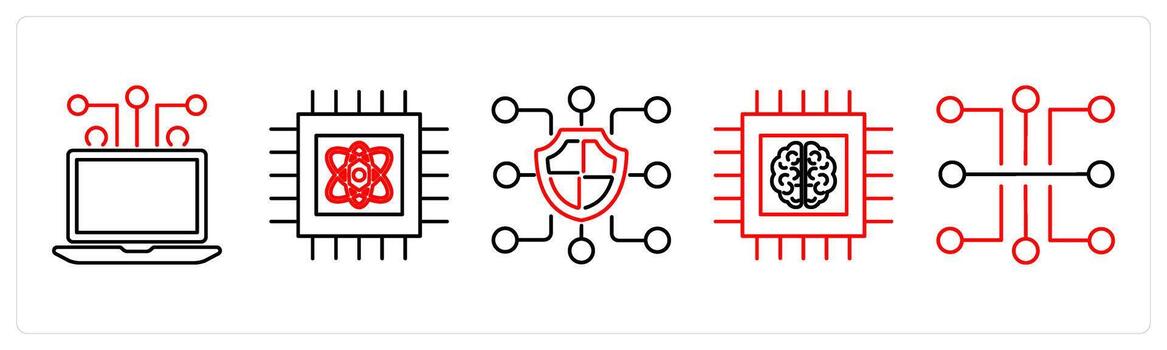 5 Mix icons as computing, quantum computing, block chain in red bold vector