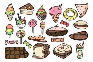 Delightful array of cartoon-style desserts and sweets featuring ice cream, cake, candy, and vector