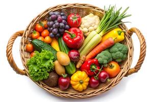 Colorful assortment of fresh fruits and vegetables in a woven basket. photo