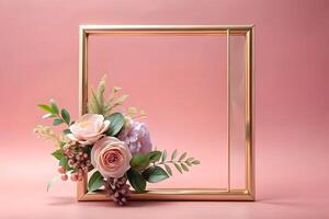 Elegant floral arrangement with roses and golden frame on pink backdrop photo