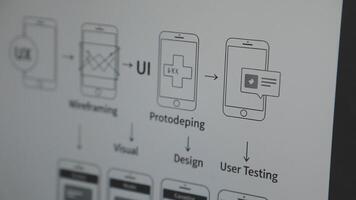 A whiteboard with a diagram of a mobile app video