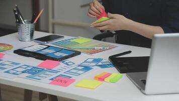 A person is working on a laptop with a lot of paper and sticky notes video