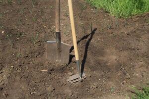 Garden tools are on the ground photo