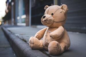 The plush toy is sitting on a concrete sidewalk photo