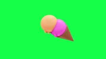4K 3D animation of melting ice cream in a cone on a green screen background, perfect for food ads, summer themes, desserts, sweets, and creative culinary or commercial projects video